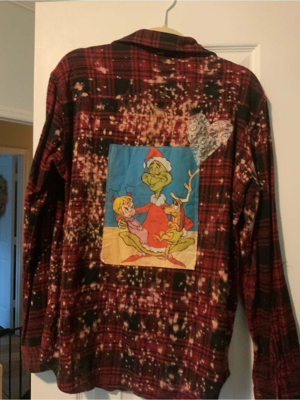 Upcycled & Bleached PD&C Red & Black Plaid Button-Down with Grinch Back Patch